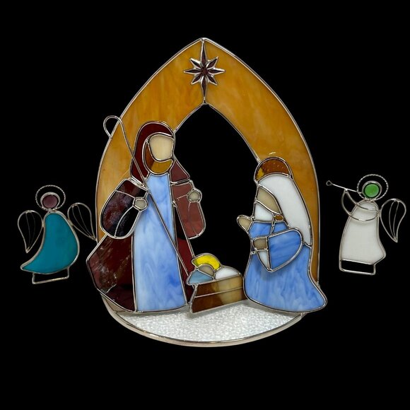 Handcrafted Stained Glass Nativity Scene With Holy Family & Star Design - Picture 1 of 11